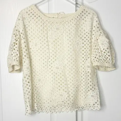 Ulla Johnson Grace Top Pearl White Eyelet Floral Applique Puff Sleeve Size 6