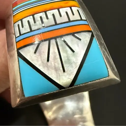 Vintage Native American Southwestern Sterling Multi Stone Inlay Cuff Bracelet Silver