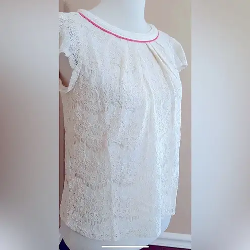 Freeway Apparel Ivory Lace Pink Trim Short Flutter Sleeve ModCloth Blouse by Freeway Mean Girls