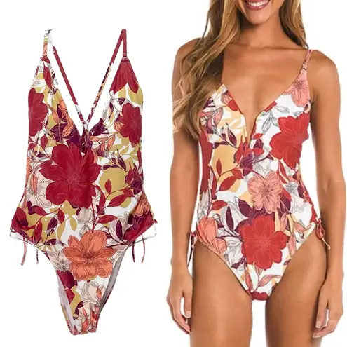 Mynah Floral One Piece Swimsuit Size XXL Plunge V Neck Tie Back Rust Pink Yellow Red - Image 2