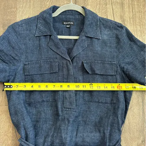 Whistles Dark Denim Easy Linen Belted Short Sleeve V Neck Shirt Dress 8 Blue