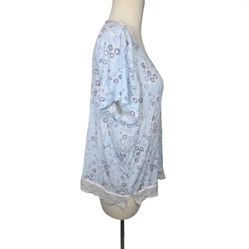RENE Rofe Blue With White Floral Daisy Short Sleeve Sleepwear Top Size L Size L