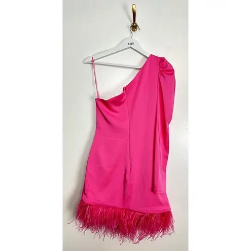 Mac Duggal Feather Trim One-Shoulder Long Sleeve Minidress Candy Pink Size US 4