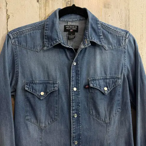 Vintage Women's P Denim Western Shirt Polo Jeans Co. Ralph Lauren Snap Button Blue