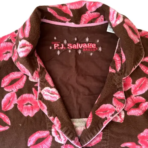 PJ Salvage Flannel 2 Piece Pajama Set Lips Kiss Brown Pink Cotton Size Medium