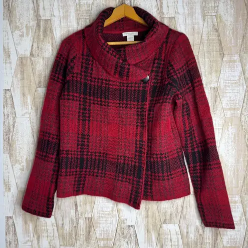 Christian Siriano Womens Red Plaid Cardigan Sweater L Wool Blend Double
