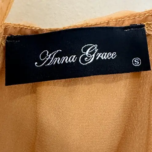 Anna Grace Organza Top Womens S Brown Puff Sleeve Sheer Cottagecore Boho Fairy