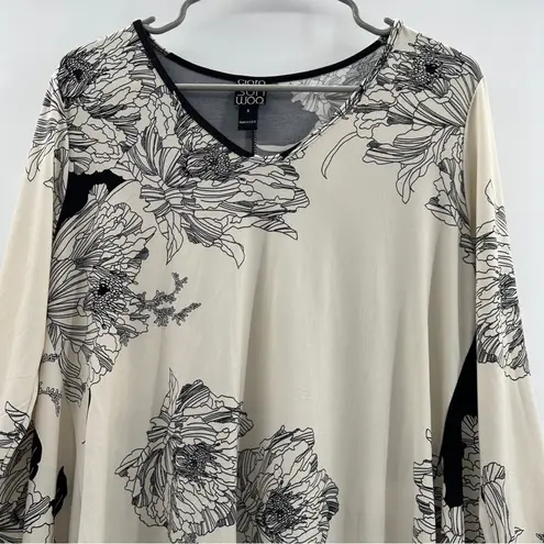 Clara Sun Woo Cream & Black Floral Print Stretch 3/4 Sleeve Tunic Top Sz S NEW