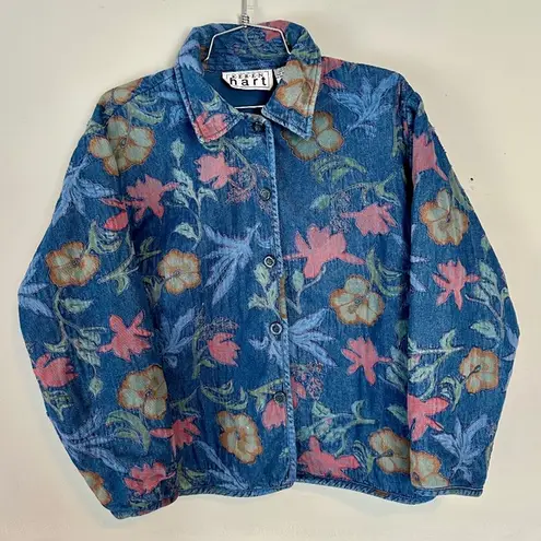 Vintage Quilted Denim Jacket Embroidered Floral Boho Blue Size M