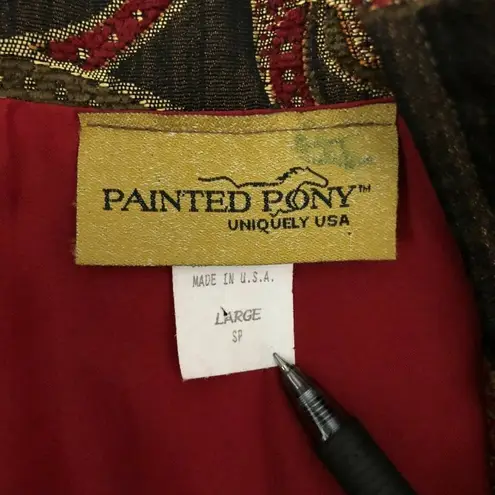 Painted Pony Womens Jacket Open Front Tapestry Geometric Floral Brown Red Size L Size L
