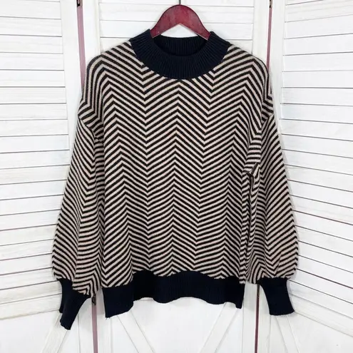 Zesica Chevron Stripe Lantern Sleeve Mock Neck Sweater Tan Black Large