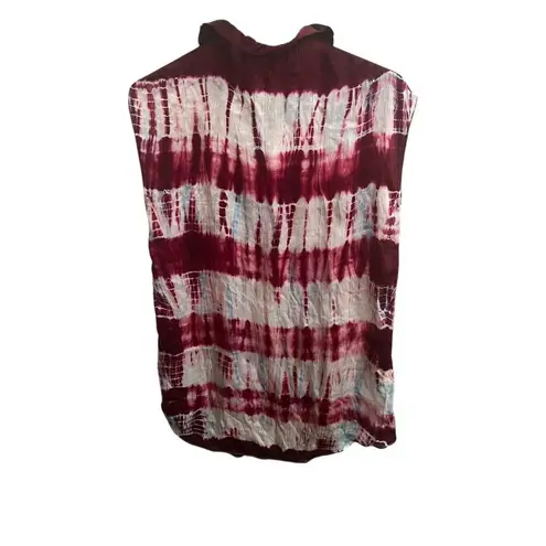 Sandro Blouse Womens Size 8 Red White Silk Tie Neck Ruffle Sleeveless Multicolor