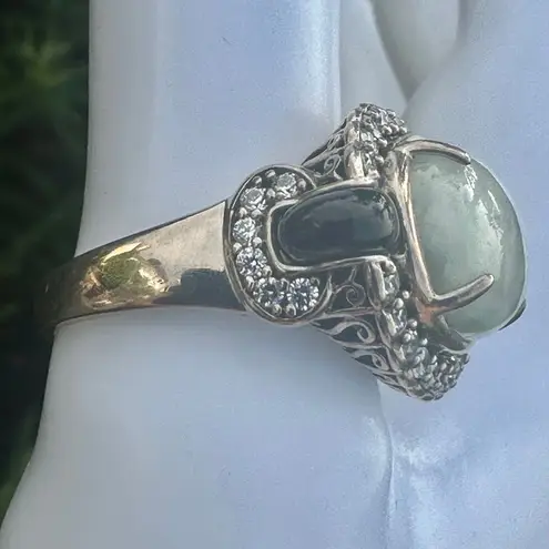 Sterling Silver Celadon Jade & Black Onyx CZ Filigree Ring