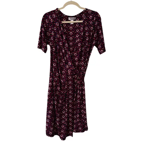 Motherhood Maternity Wrap Dress Geometric Print Short Sleeve Burgundy PinkBlue M Red Size M