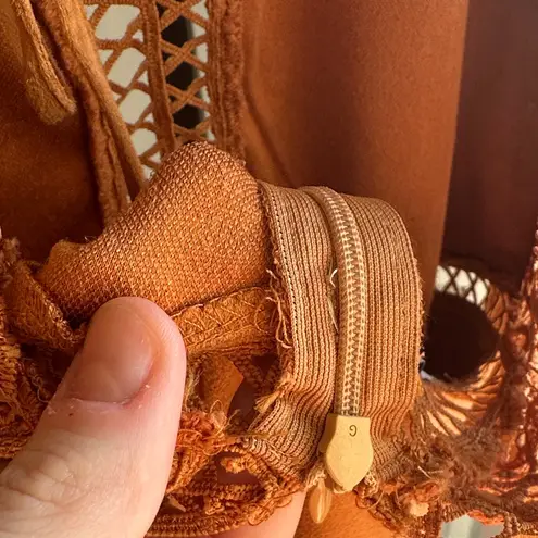 Eyelet Cut Out Western Faux Suede Dress Burnt Orange Tan Color with Bell Sleeves Size XL