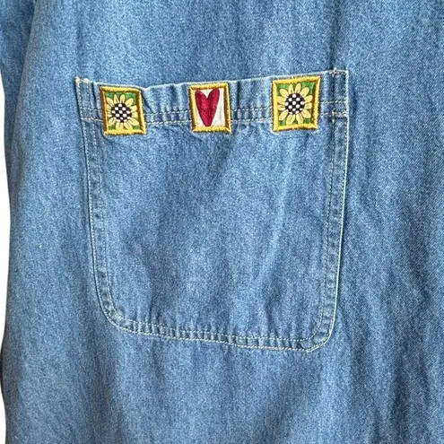 Vintage Quacker Factory Denim Jumper Midi Dress Plus 2X Yellow Floral Embroidery Blue