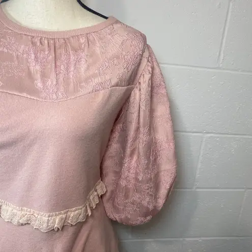 On Twelfth Pink Dusty Rose Balloon Sleeve Floral w Eyelet Trim Blouse