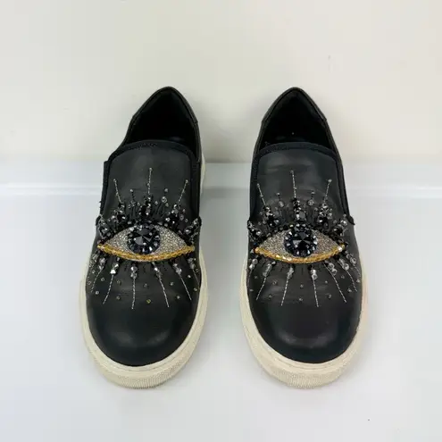 Kurt Geiger Leah Embellished Slip On Sneaker Black Leather Eye Sz 6.5 Womens
