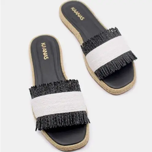 Kaanas Jaya Two Tone Raffia Espadrille Sandal Black White