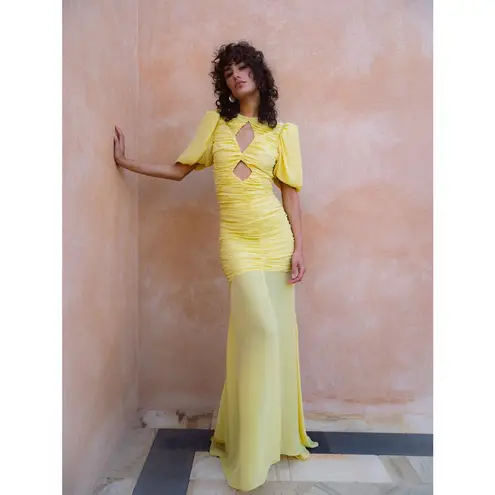 DE LA VALI Yellow Middle Front Cutout Ruching Flowy Sheer Skirt Olympia Gown 14 Size 10