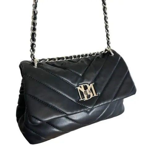 Badgley Mischka Chevron Quilted Flap Chain Vegan Leather Handbag Purse Black