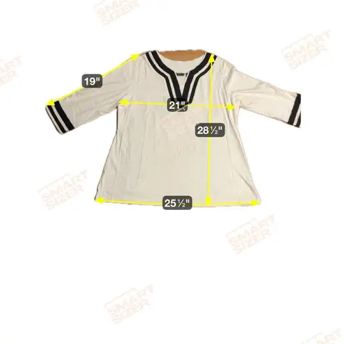 Bay Studio White & Black Stripe V Neck, Women's 1X Tunic Top, 3/4 Sleeve