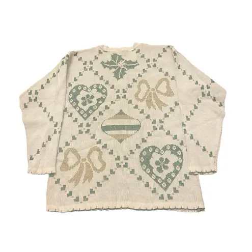 Holiday Time VTG Christmas Sweater S Mistletoe Glitter Ornaments Holiday Bow Gold Green