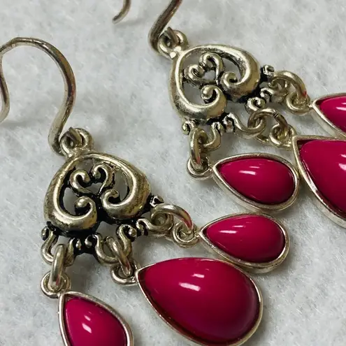 Pink Teardrop Cabochon Silver Color Metal Dangle Drop Hook Pierced Earrings