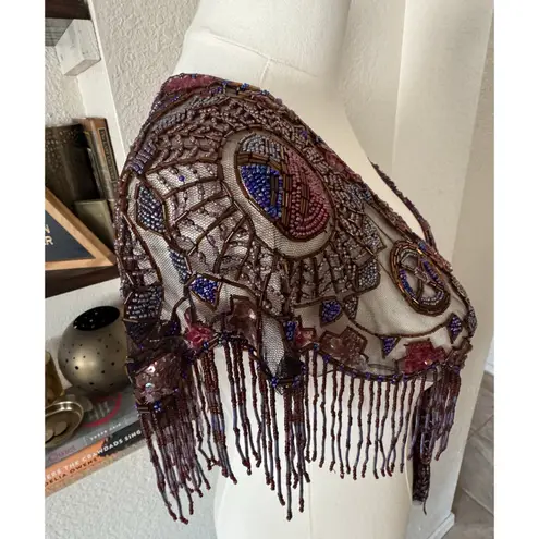 Sharmark Las Vegas Glass Beaded Vintage Shawl Depicting Hopi God Tawa EUC Brown