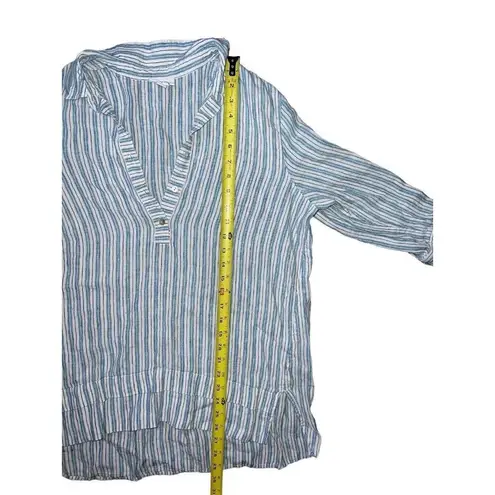 J.Jill  Love Linen Tunic Womens M Blue White Striped Tiered Button Up Lagenlook