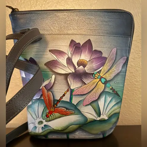 Anuschka Tranquil Pond Hand Painted Leather Cross Body Bag | Purse | Organizer Blue