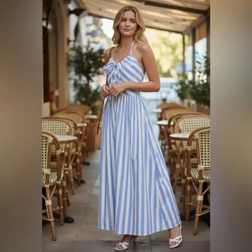 Avec Les Filles NWT Stripe Halter Neck Cotton Blend Midi Dress 6, BLUEWHITE