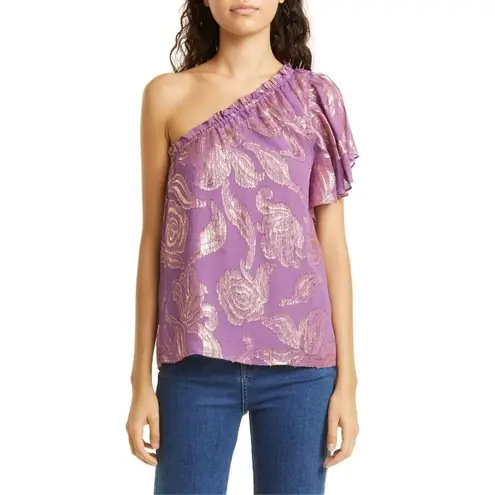 Ramy Brook  Peach Ruffle One-shoulder Silk Blend Top In Purple Jacquard Large