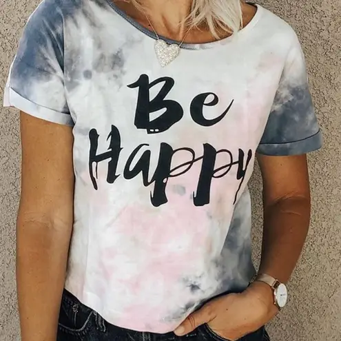 “BE HAPPY” PINK WHITE GRAY TIE