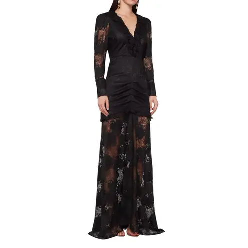 Alexis Lucasta Gown Women's 10 Black Lace Ruched Ruffle Trim Maxi Evening Formal