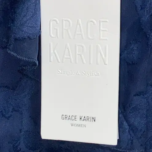 Grace Karin NWT WO SIZE XL NAVY BLUE BELTED FLORALDESIGN RUFFLES FAUX WRAP DRESS