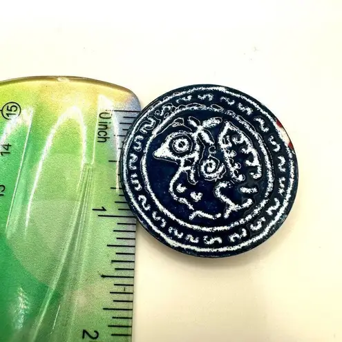 Vintage enamel copper bird circle brooch Blue