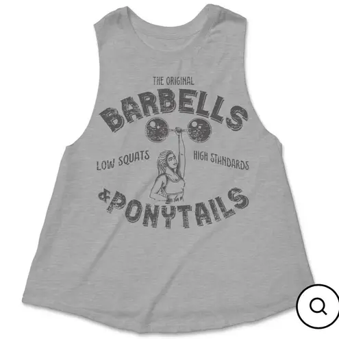 Barbells & Ponytails Heather Gray Strong Woman Racer Top Size S