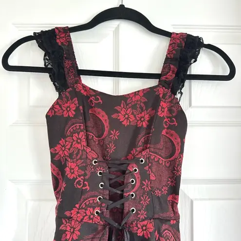 Orchid Bloom Red Blck Paisley Floral Lace Trim Corset Fit and Flare Dress Size 4