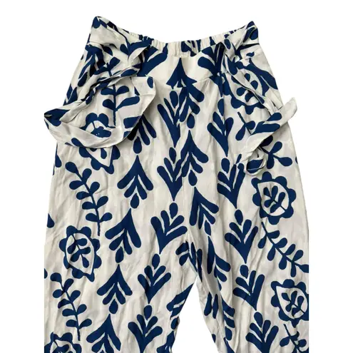 GOA Paris Collection Elastic Waistband Wide Leg Printed Pants Blue Size Small White