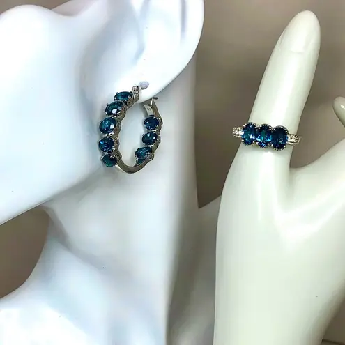 Blue Spinel Hoop Earrings & Ring Set Sz 8 Electroplated Rhodium Sterling Silver