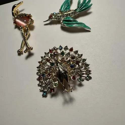 Flamingo , Peacock, Flying Bird Lot Of 3 Rhinestone Gold Tone Brooch Pins