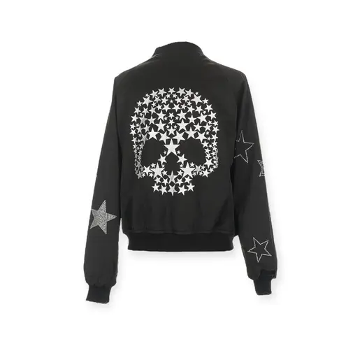 Lauren Moshi ☻︎ Levelle Star Skull Satin Bomber Jacket ☻︎Black Silver Hot Pink