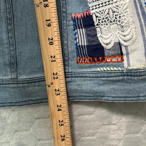 Coldwater Creek Women Patchwork Denim Jacket L Embroidered Lace Boho Artsy