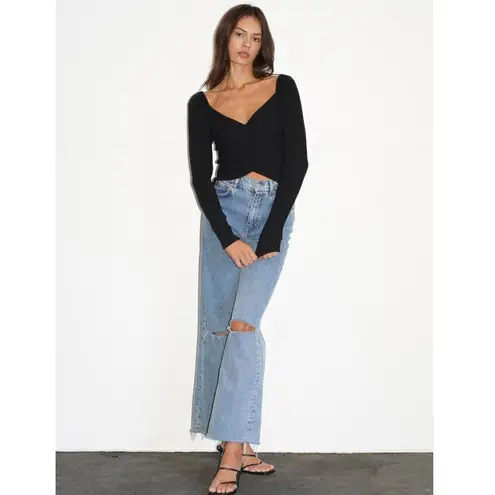 LNA Una Top Black Tencel Blend Ribbed Long Sleeve Wide Neck Cropped Top Size M