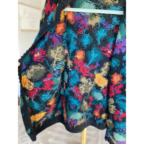 Vintage Northern Isles 100% Wool Floral Cardigan Signature Knit By Hand Cottagecore Boho Black Size M