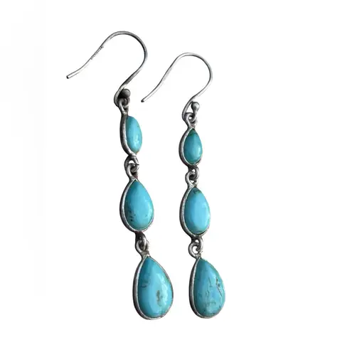New Sterling Silver Turquoise Teardrop Cabochon Dangle Earrings Blue