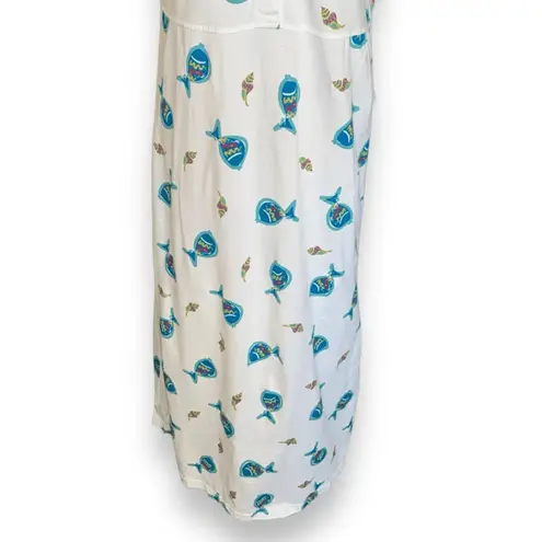 Vintage 90s White Cotton Maxi Shirt Dress Fish Seashell Shell Print Sleeveless Size M