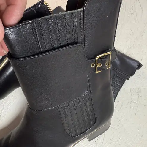 Source Unknown Black Leather Ankle Boots Gold Buckle Zip Side Elastic Ankle Booties Size 75B