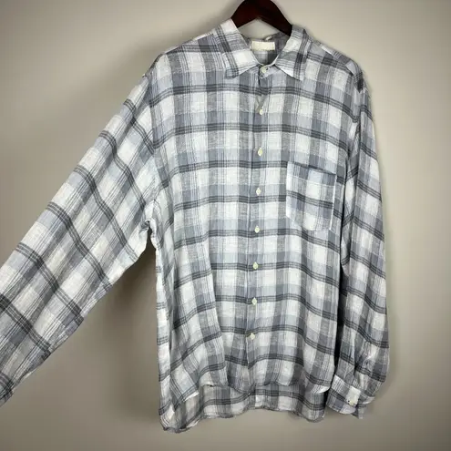 CP Shades CP Shades Shirt Womens Large Gray White Plaid 100% Linen Boyfriend Button Up L